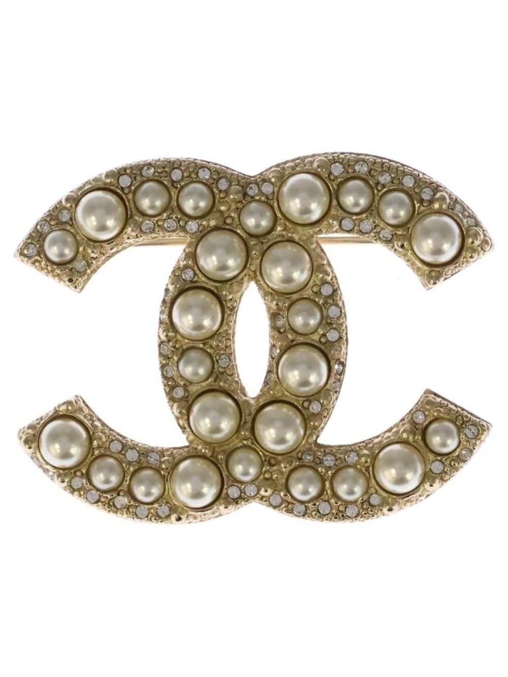 Chanel CC Logo Faux Pearl Brooch Pin Badge Gold